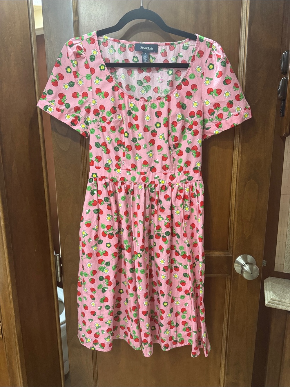 ModCloth Pink Strawberry-Print Cotton Dress